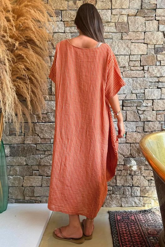 Salcombe Chalk Stripe Cotton Cocoon Dress Rust